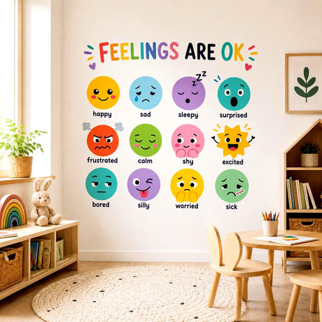Kids feelings chart wall decal reading Feelings Are OK with twelve illustrated faces showing different emotions.