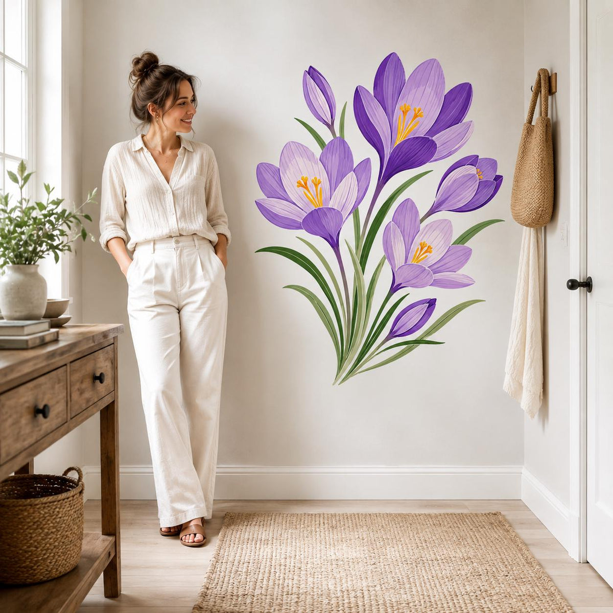 Purple crocus flower wall decal featuring purple crocus blossoms with orange stamens and green leaves