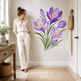 Purple crocus flower wall decal featuring purple crocus blossoms with orange stamens and green leaves