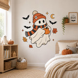 Design preview of Halloween ghost wall decal depicting a friendly white ghost in an orange hat and striped scarf holding a pumpkin