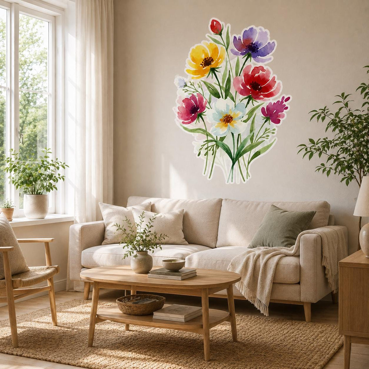 Colorful wildflower wall sticker featuring bright yellow, purple, coral and white flowers with green stems