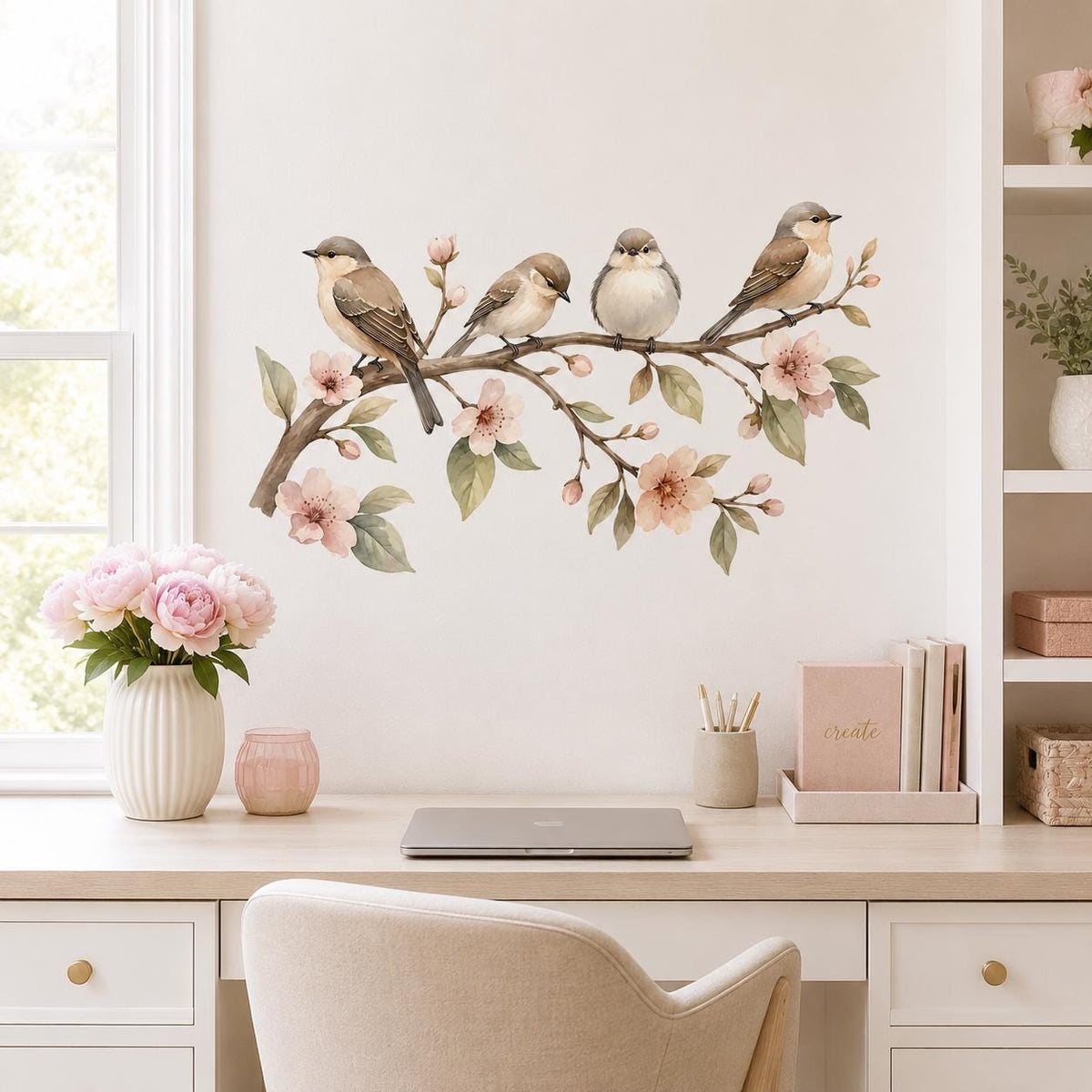 Design preview of watercolor birds wall decal depicting four small birds on a flowering branch with peach blossoms and green leaves