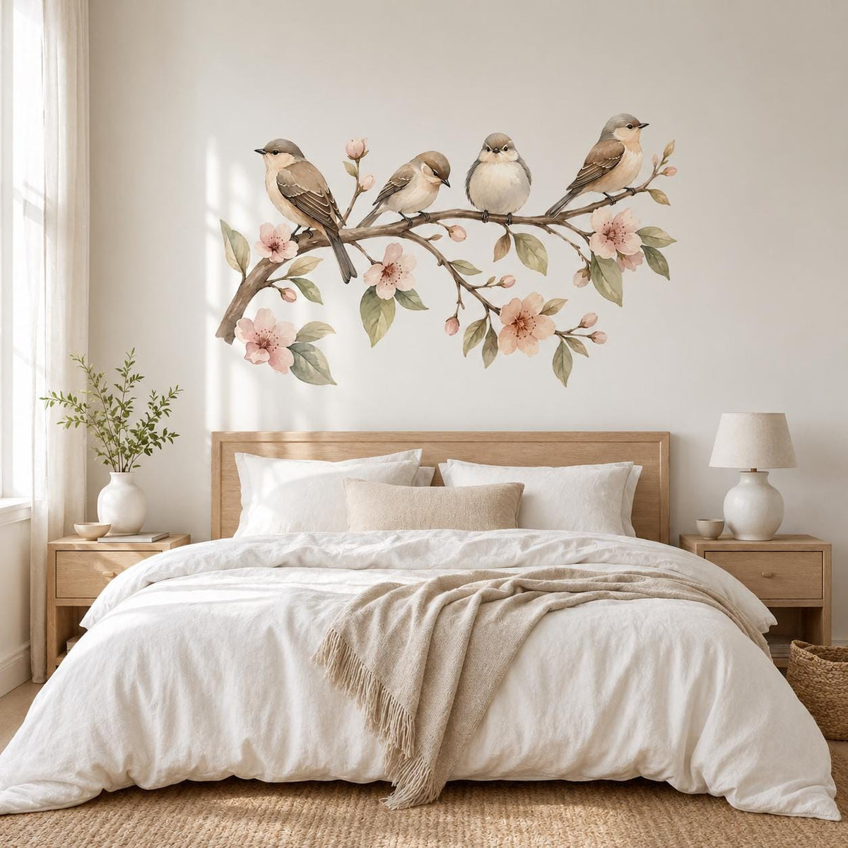 Illustrated watercolor birds wall decal with four small birds on a flowering branch with peach blossoms and green leaves