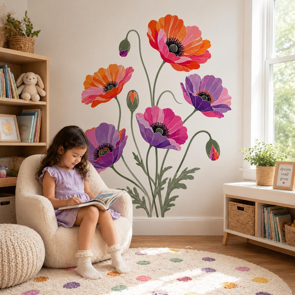 Wall sticker composition featuring five orange, pink, violet and coral flowers on thin stems with buds