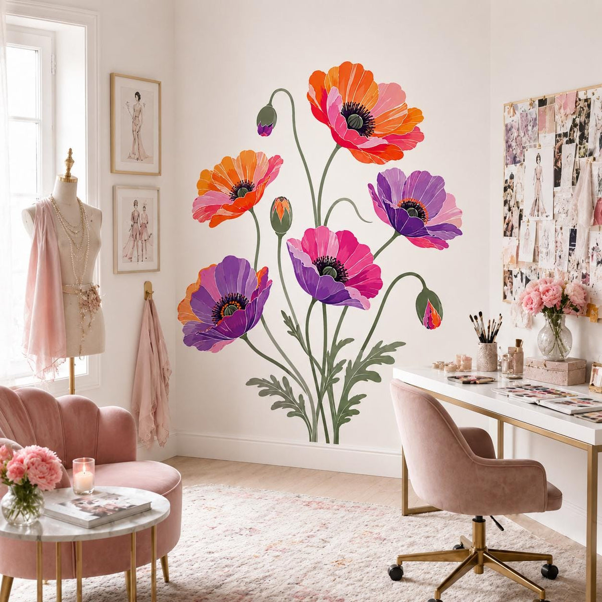Design preview of poppy flower wall decal depicting five orange, pink, violet and coral flowers on thin stems with buds