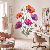 Design preview of poppy flower wall decal depicting five orange, pink, violet and coral flowers on thin stems with buds
