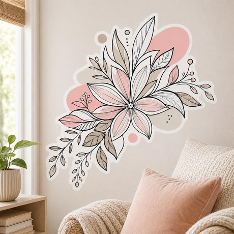 Blush and peach botanical flowers wall decal above a beige armchair with pink cushion in a bright nursery.