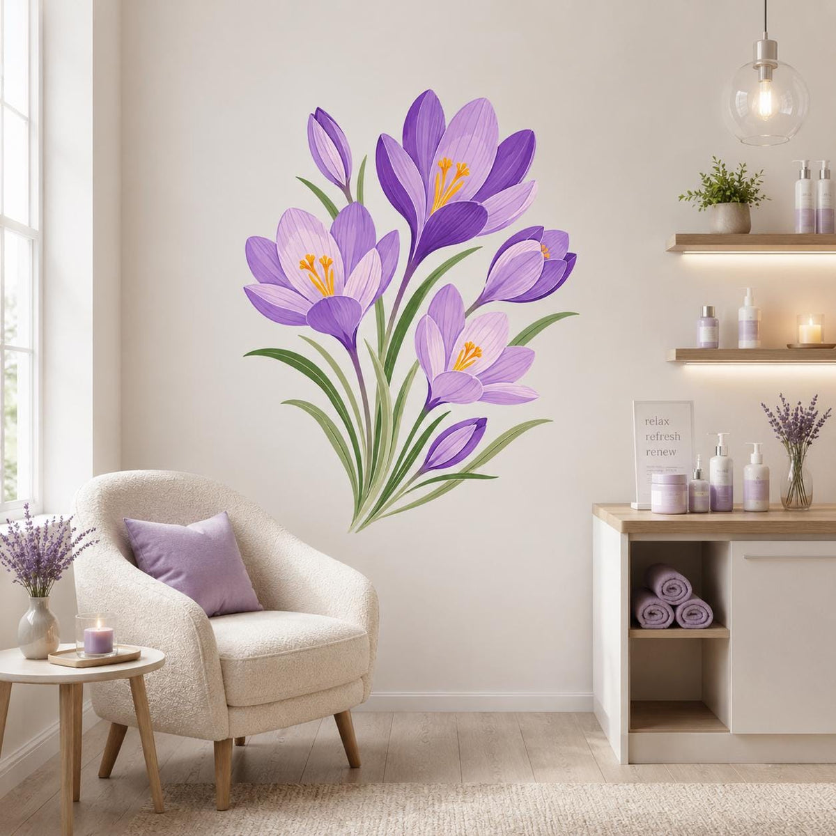 Purple crocus flower wall decal with purple crocus blossoms with orange stamens and green leaves