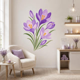 Purple crocus flower wall decal with purple crocus blossoms with orange stamens and green leaves