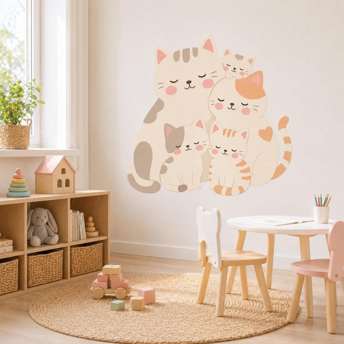 Cat family wall decal featuring five cuddling cream and peach cartoon cats with pink cheeks