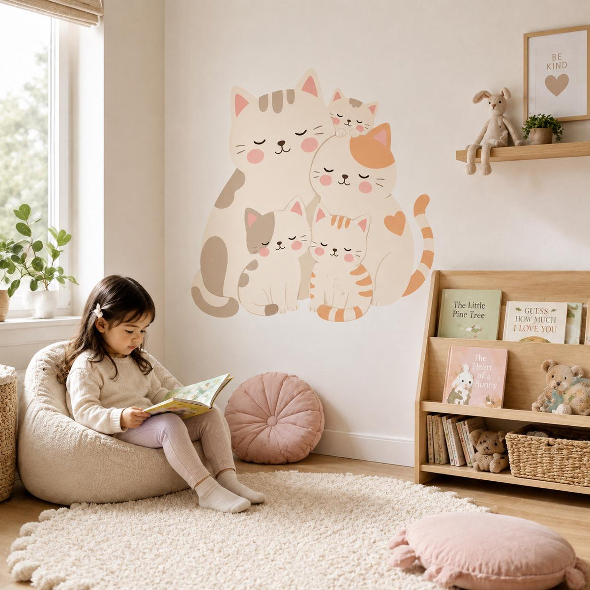 Cat family wall decal with five cuddling cream and peach cartoon cats with pink cheeks
