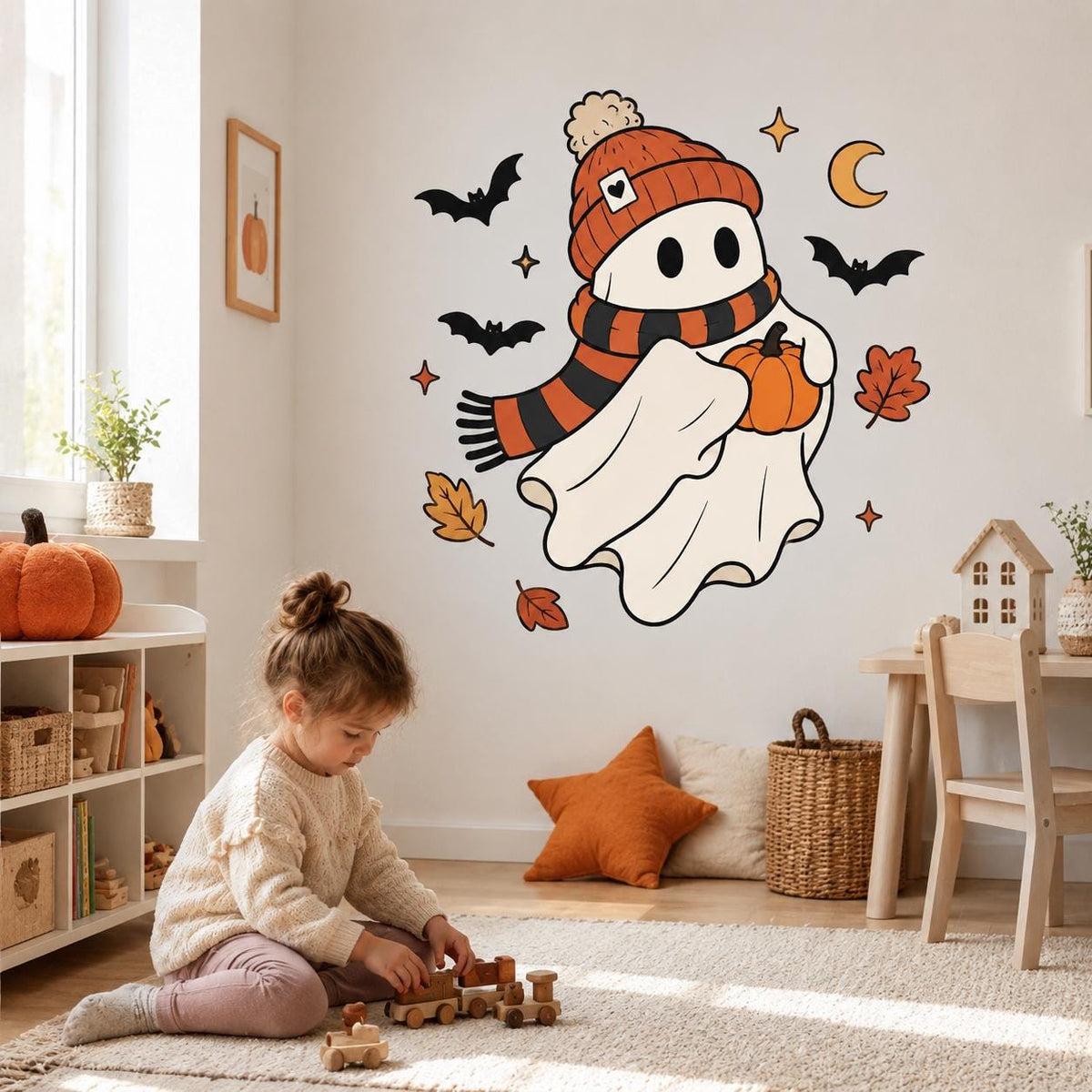 Printed vinyl artwork showing a friendly white ghost in an orange hat and striped scarf holding a pumpkin