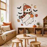 Illustrated Halloween ghost wall decal with a friendly white ghost in an orange hat and striped scarf holding a pumpkin