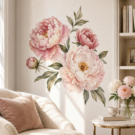 Watercolor peony wall decal with three pink and cream flowers, a bud, golden centers and sage green leaves.
