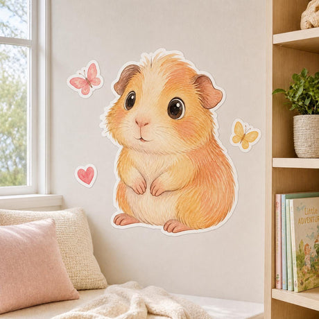 Watercolor guinea pig wall sticker in peach and cream with brown eyes, pink nose, two butterflies and a small heart.