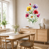 Printed vinyl design showing bright yellow, purple, coral and white flowers with green stems