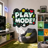 Play Mode wall sticker displayed above a grey beanbag in a room with book shelves and glowing gaming lights.