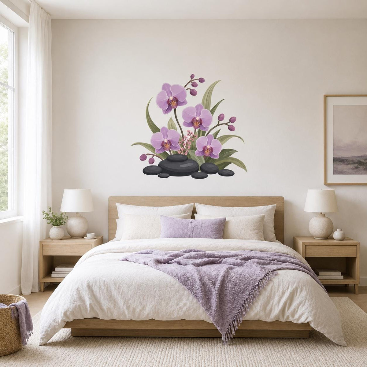 Purple orchid flowers and black spa stones wall decal above a white bed with lavender blanket.