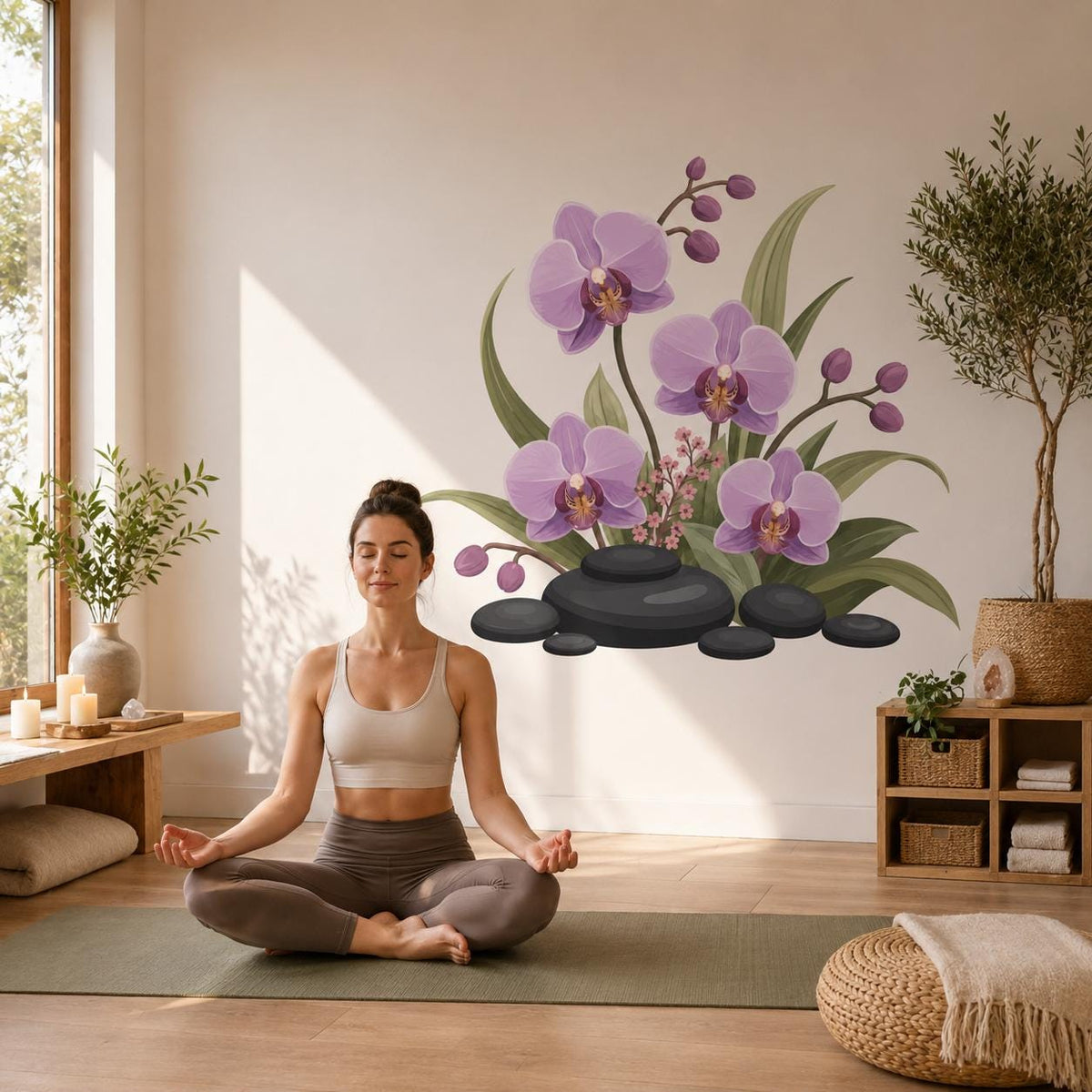 Woman meditating on a yoga mat below purple orchid wall decal with dark spa stones.