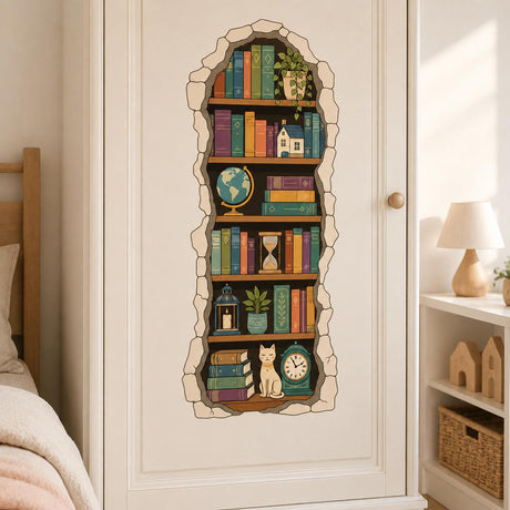 Cozy library bookshelf wall decal framed in stone, filled with books, plants, a globe, clock, lantern and sitting cat.