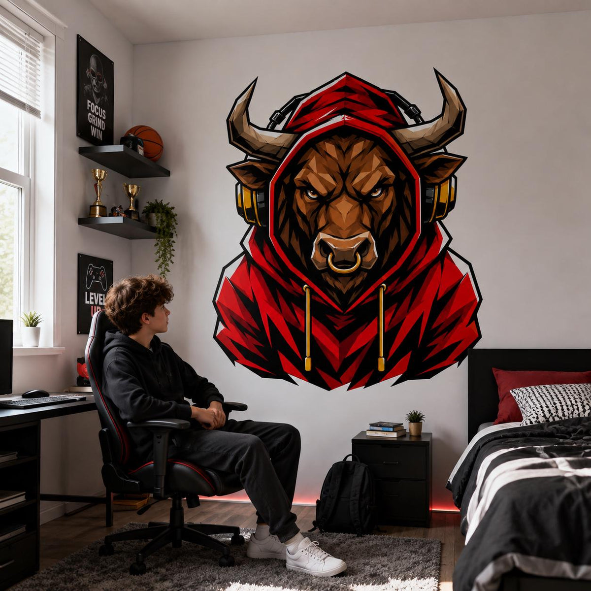 Gaming bull wearing headphones wall decal above a bed beside a seated gamer in a dark bedroom.