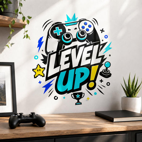LEVEL UP gaming wall sticker with a controller, joystick, trophy, pixel star, crown and blue lightning bolts.