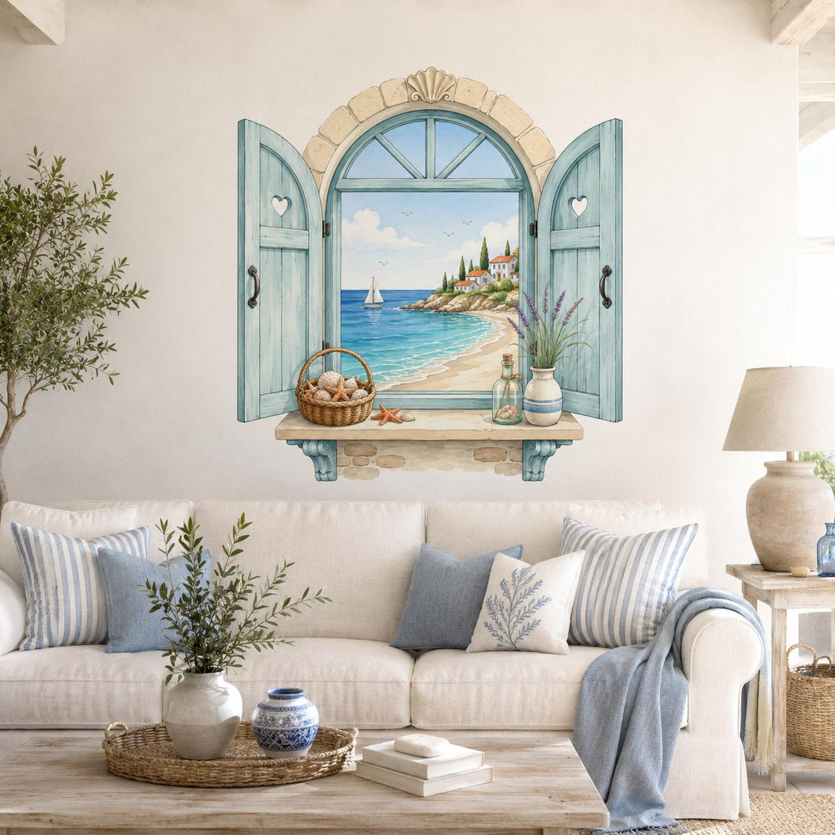 Wall sticker artwork featuring an arched coastal window with aqua shutters, turquoise sea, beach and sailboat