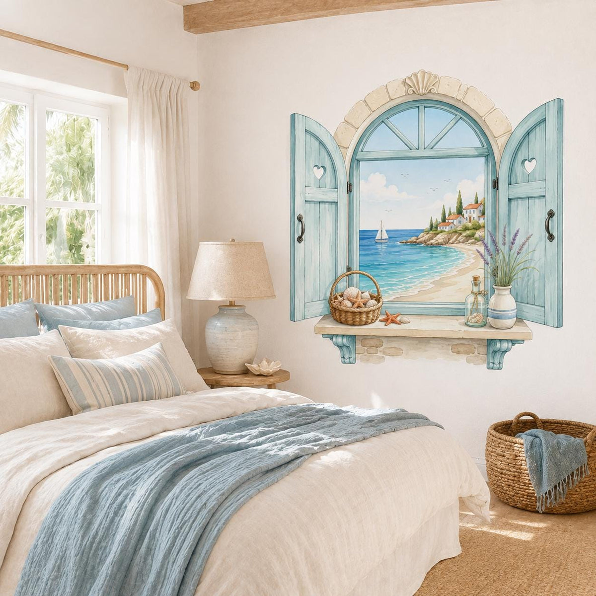 Design preview of Mediterranean window view wall decal showing an arched coastal window with aqua shutters, turquoise sea, beach and sailboat