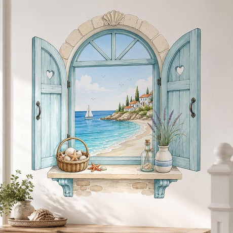 Mediterranean coastal window wall decal with aqua shutters, turquoise sea, sailboat, seaside houses and cypress trees.