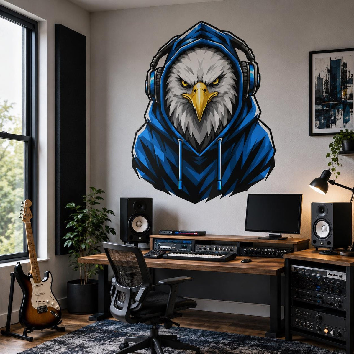Bald eagle gamer wall decal featuring a bald eagle with golden eyes, a blue hoodie and over ear headphones