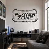 Design preview of gaming room vinyl decal with PLAYER ZONE lettering in a geometric futuristic frame