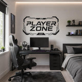 Illustrated gaming room vinyl decal depicting PLAYER ZONE lettering in a geometric futuristic frame