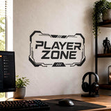 Black and charcoal Player Zone wall decal with angular gaming typography and futuristic geometric lines.