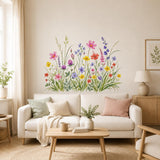 Artwork for watercolor wildflower wall decal showing pink, coral, yellow and violet meadow flowers among tall green grasses