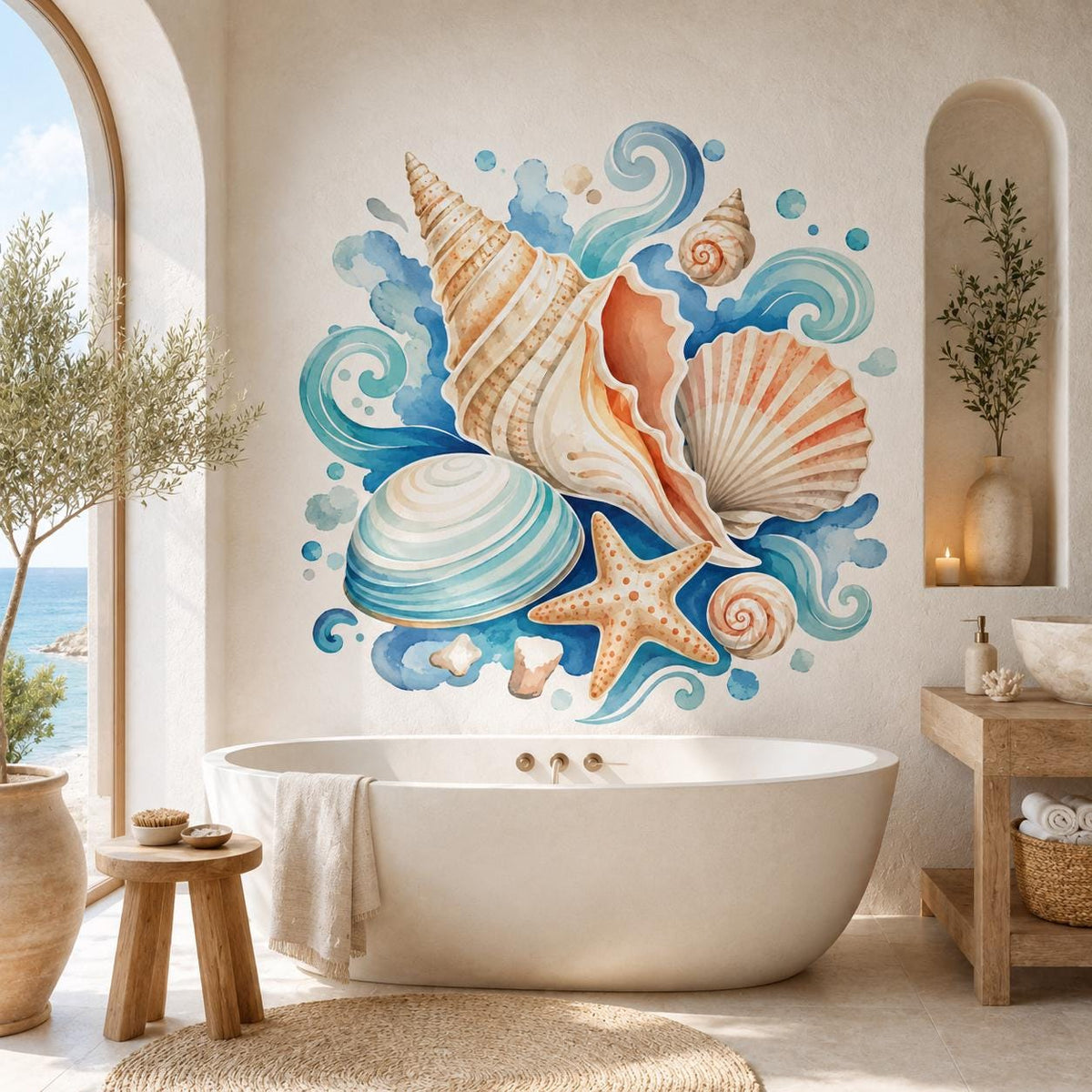 Wall sticker artwork featuring a conch shell, scallop shell, starfish and curling blue waves