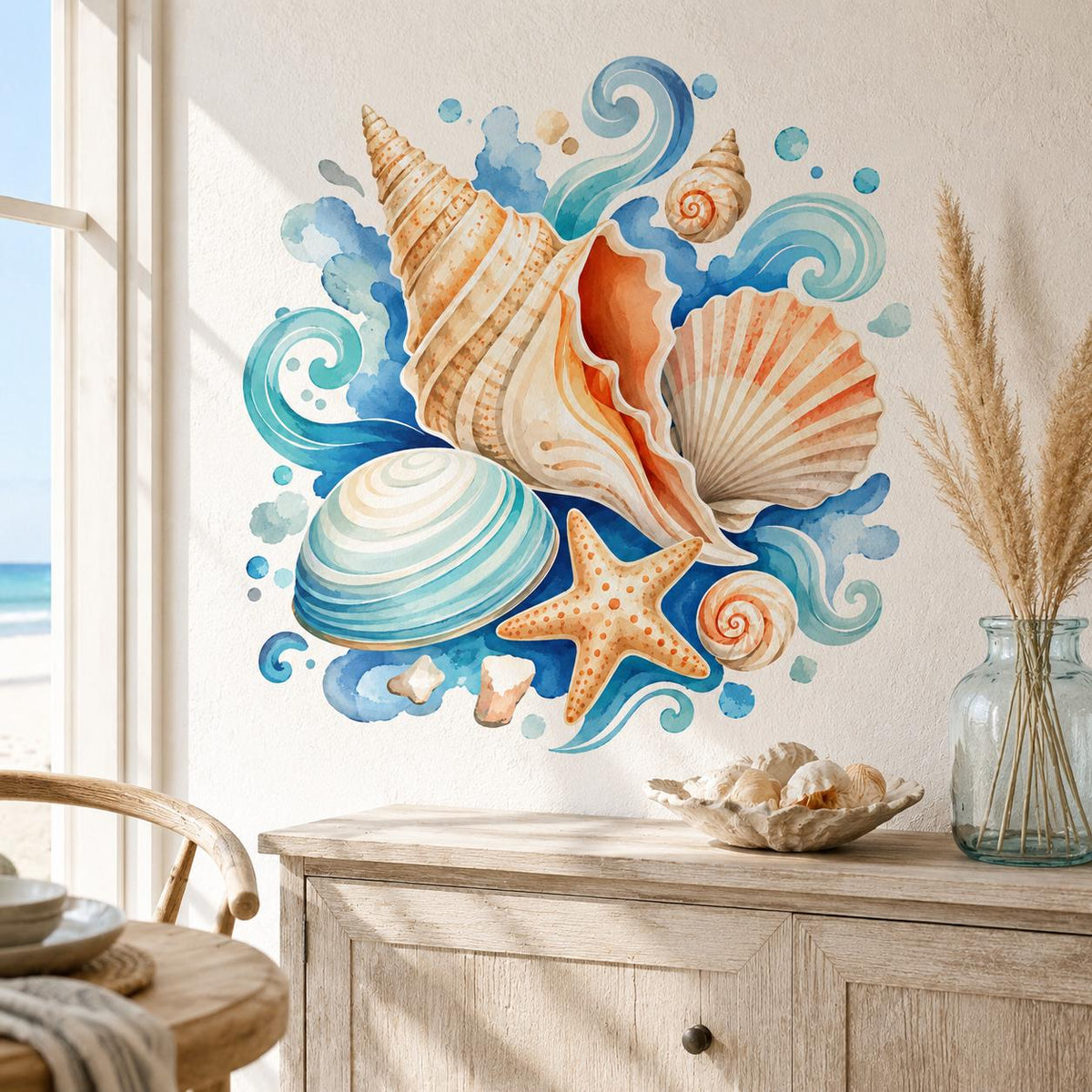 Watercolor seashell wall decal with peach and cream shells, a starfish and curling turquoise ocean waves.