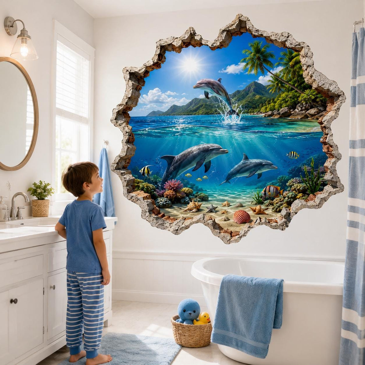Printed vinyl composition depicting three dolphins, turquoise water and colorful fish framed by a broken wall