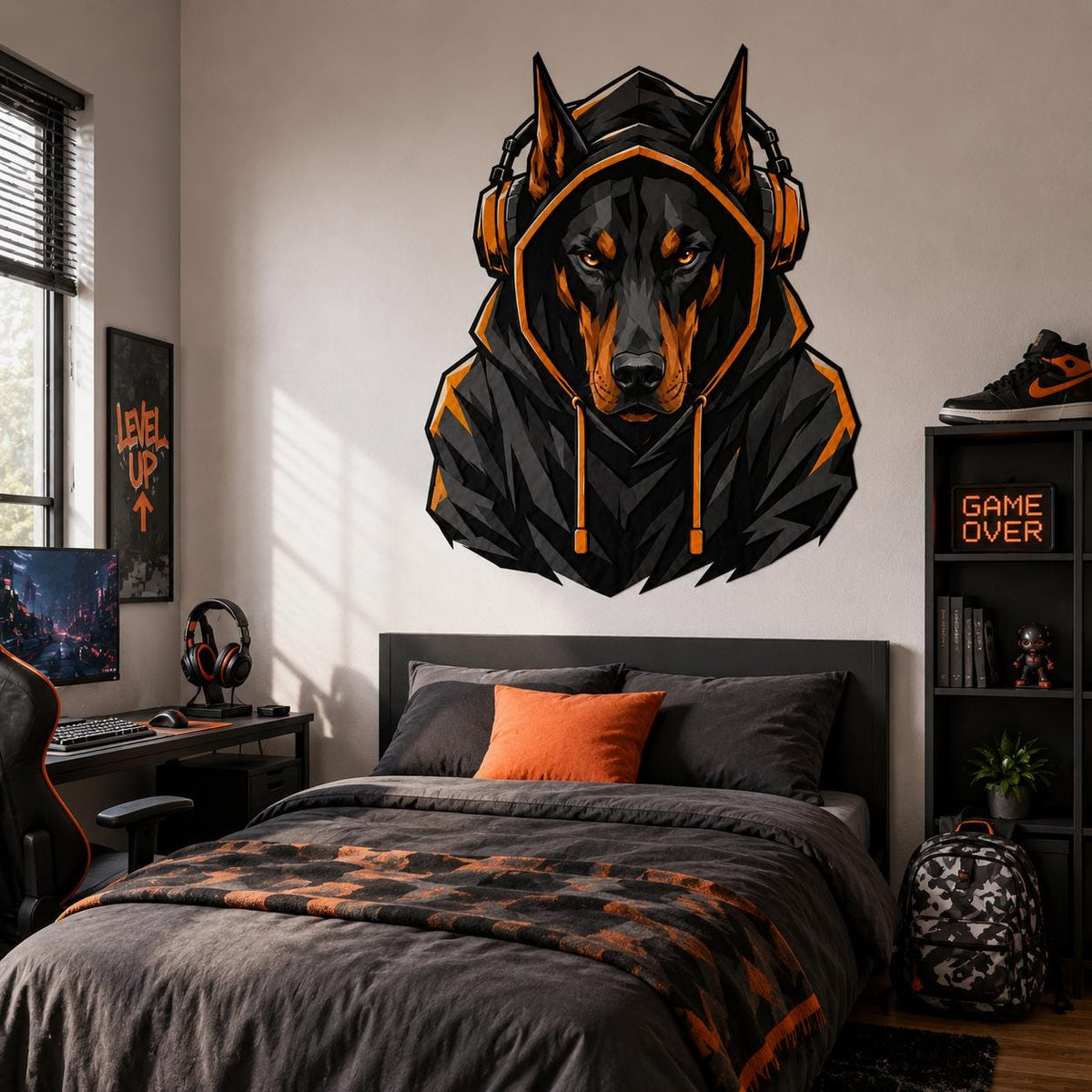 Design preview of gaming dog wall decal with a black and tan Doberman wearing a hoodie and orange headphones