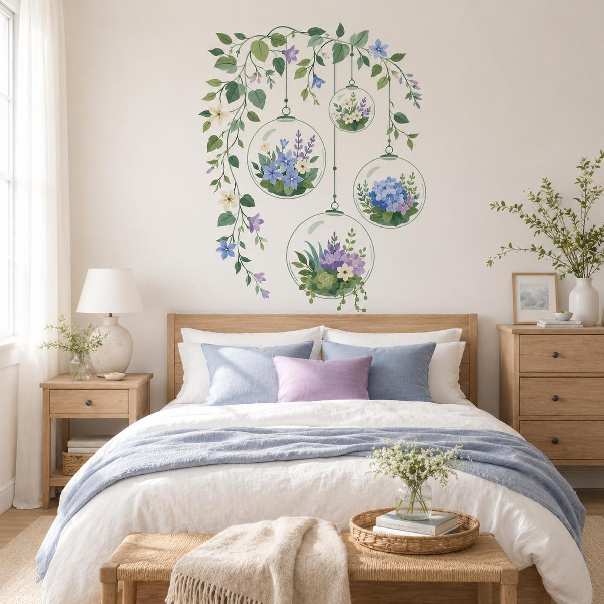 Printed vinyl artwork featuring four hanging glass globes filled with pale flowers and plants beneath a leafy vine
