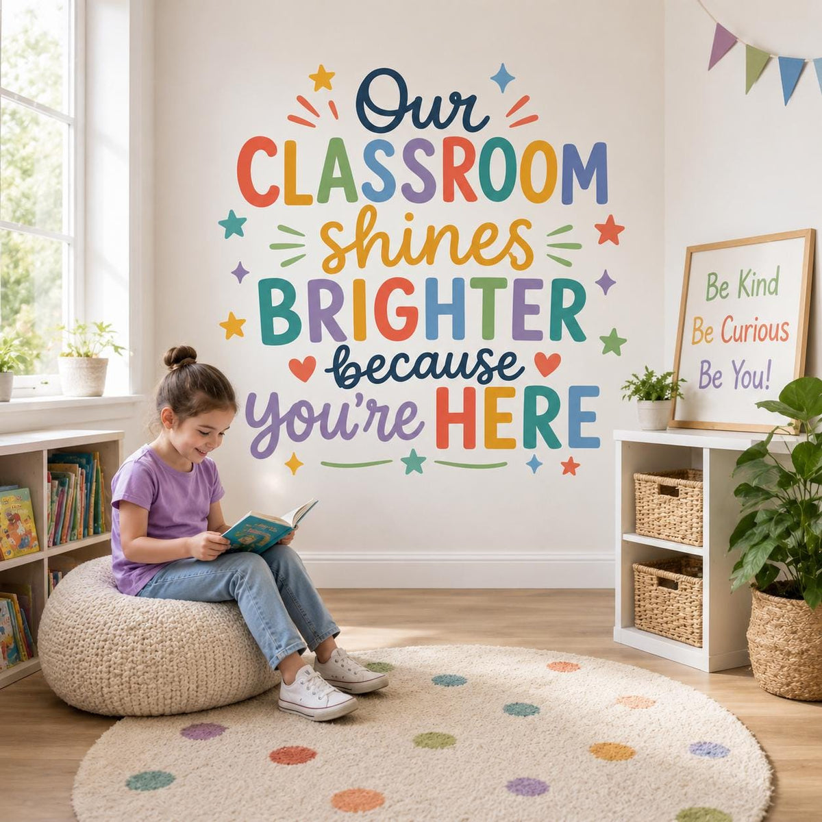 Wall sticker composition featuring the colorful words Our Classroom Shines Brighter Because You Are Here
