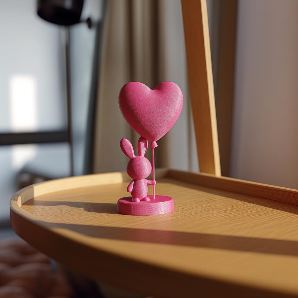 Minimalist rabbit sculpture with a heart shaped balloon raised on a slender stem.