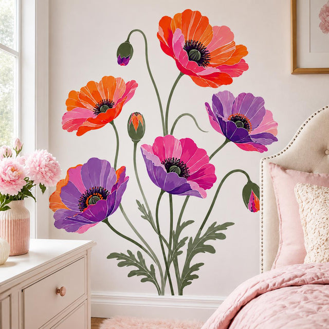 Colorful poppy flower wall decal with orange, pink and purple blossoms, three buds and slender green stems.