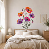 Illustrated poppy flower wall decal with five orange, pink, violet and coral flowers on thin stems with buds