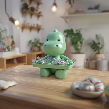 3D printed seated baby dinosaur figurine attached to a flat rectangular candy tray