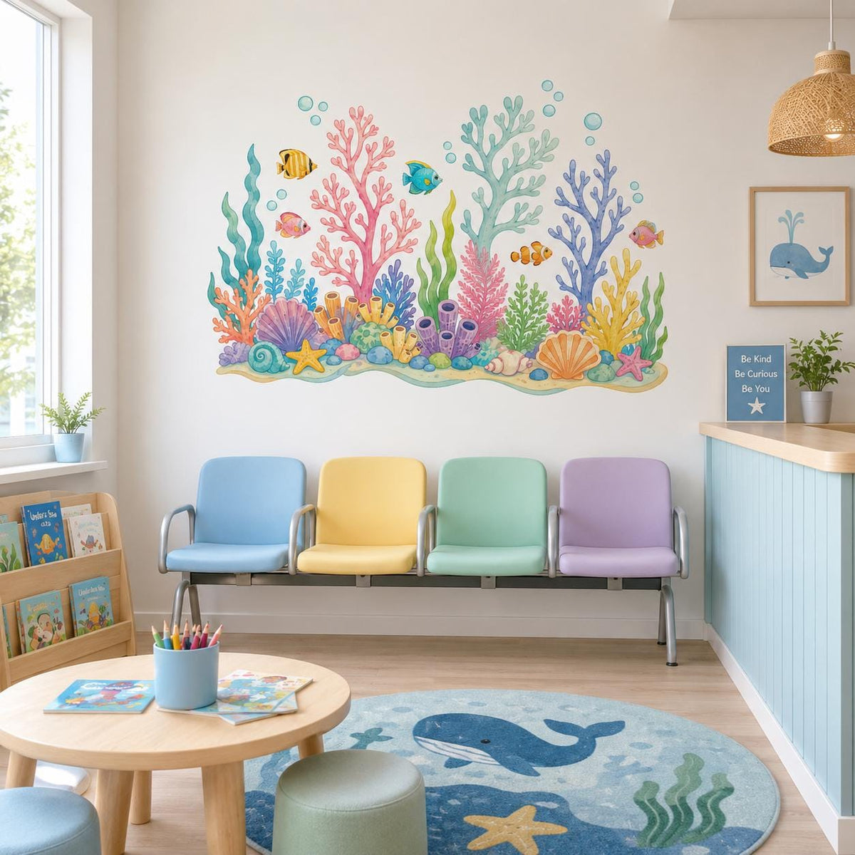Colorful coral reef and tropical fish wall decal above a children's play table with blue chairs.