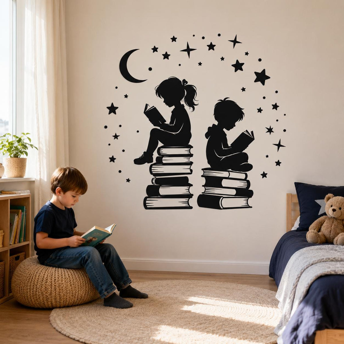 Child reading a book beside a black wall decal of two children on stacks of books, with stars and a moon.