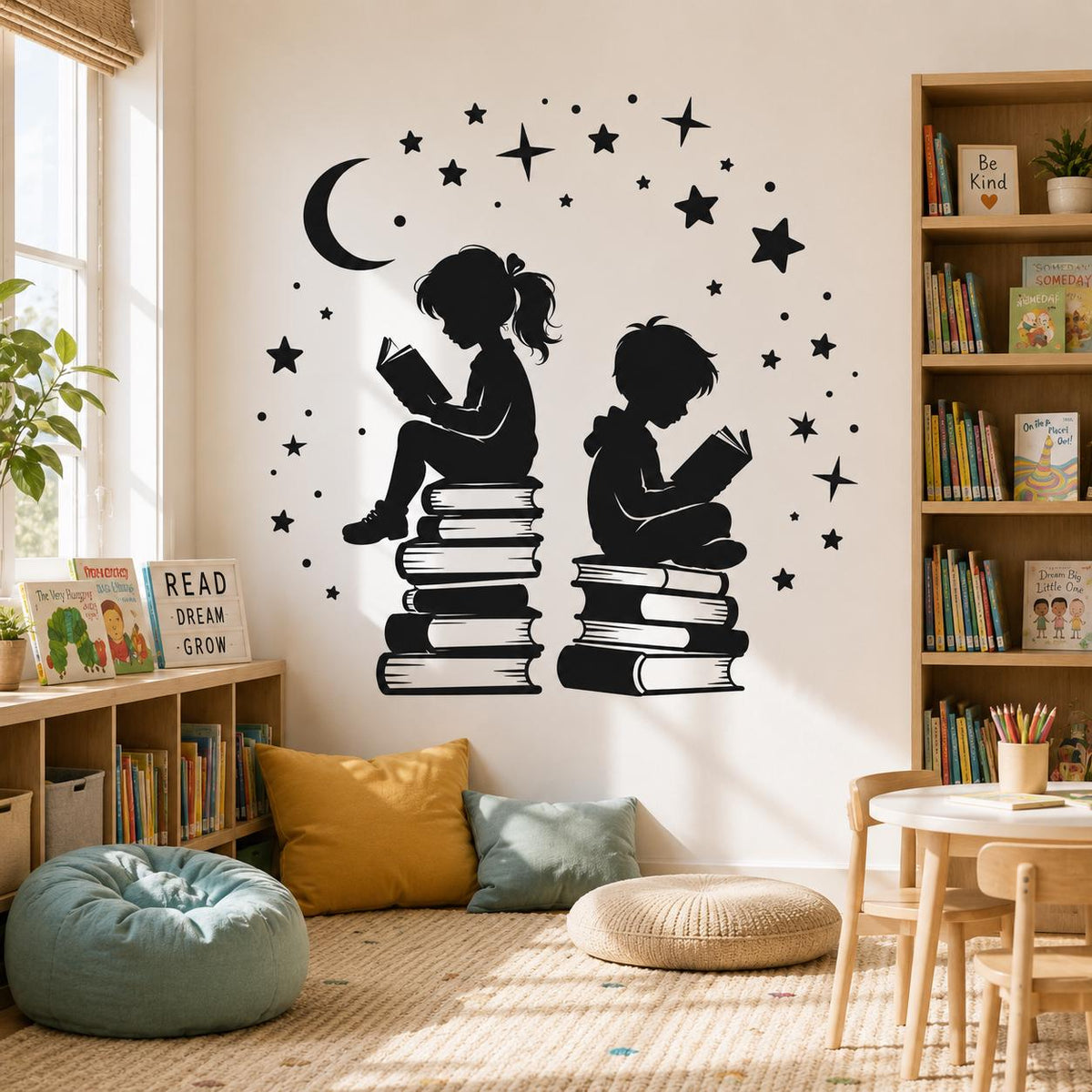 Children reading on book stacks wall sticker above soft cushions and a woven rug in a bright reading corner.