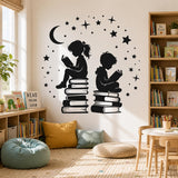 Children reading on book stacks wall sticker above soft cushions and a woven rug in a bright reading corner.