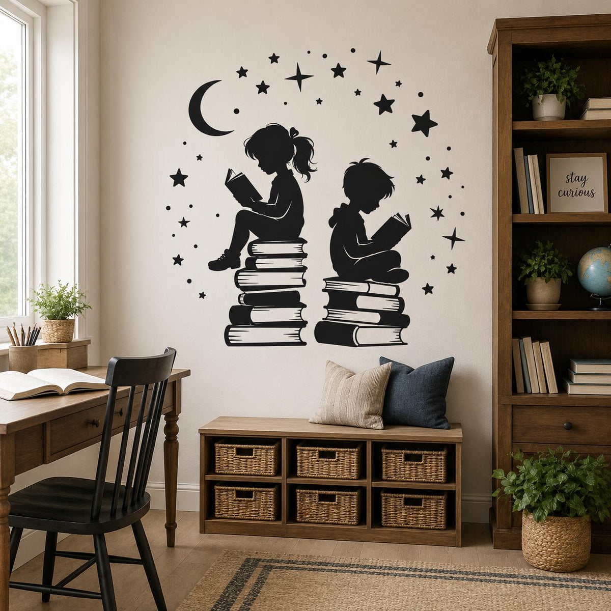 Black kids reading wall decal with a crescent moon and stars above a low wooden shelf beside a desk.