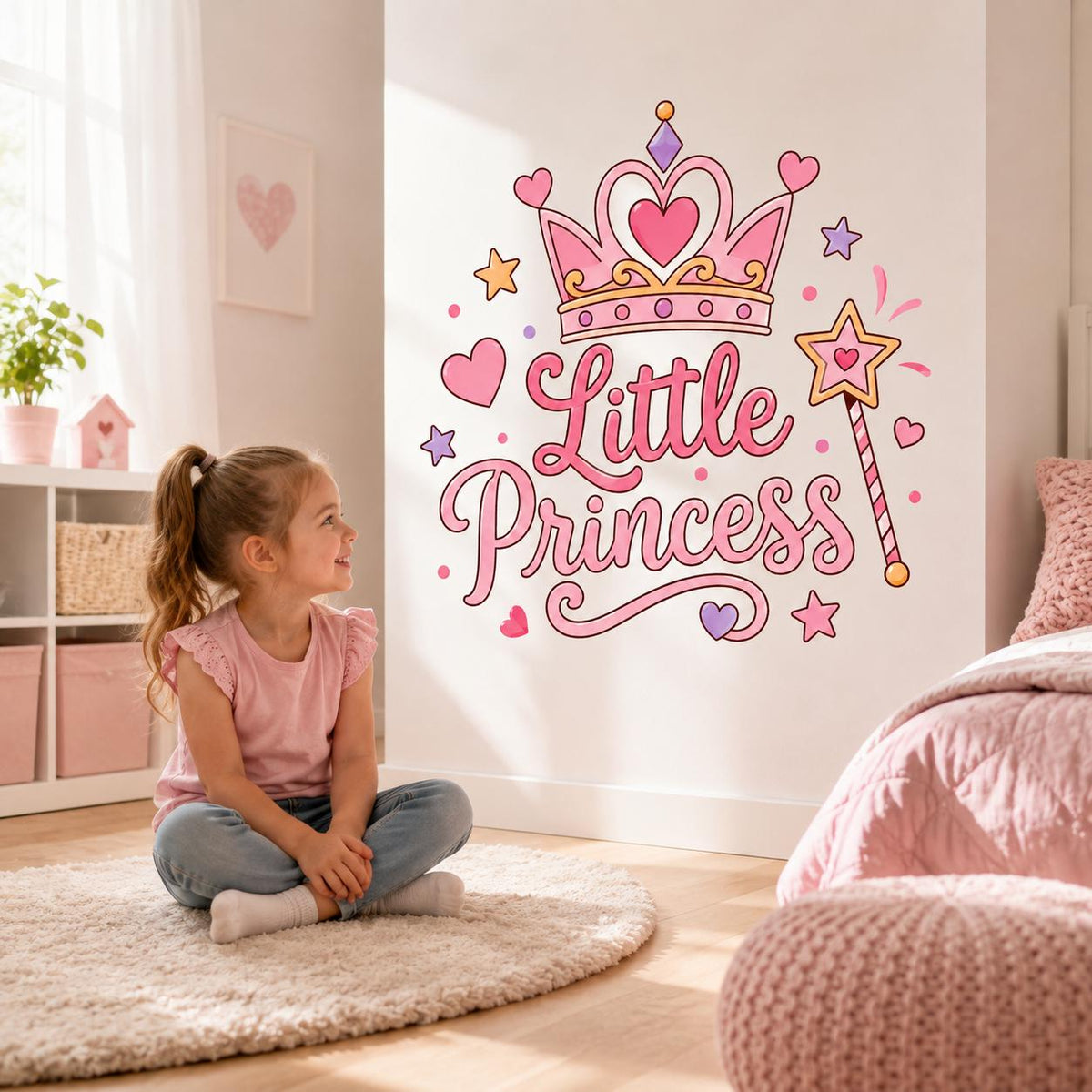 Young girl sitting on a round rug below a pink Little Princess and crown wall sticker.